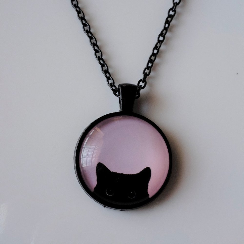 Black Cat Photo Cabochon Glass Pendant Necklace